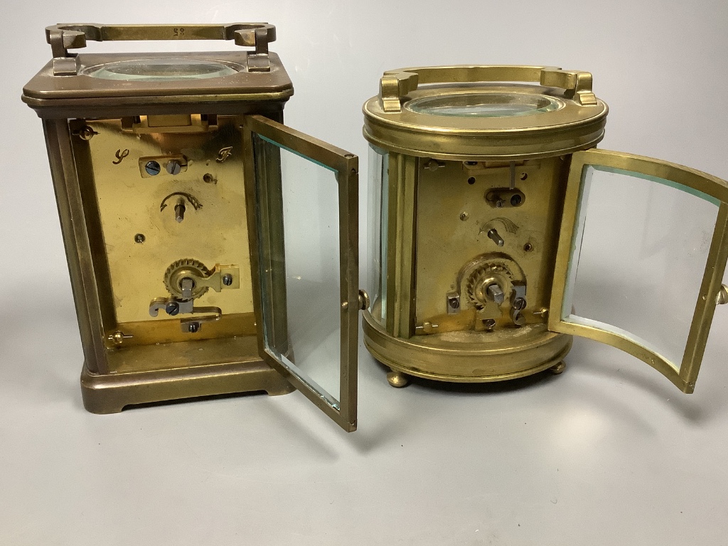 Two brass cased carriage timepieces